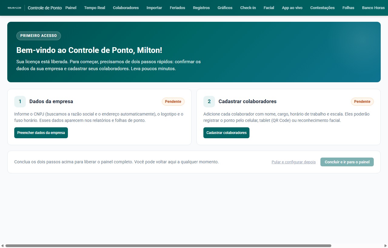Tela de boas-vindas no primeiro acesso, com os passos de configuração